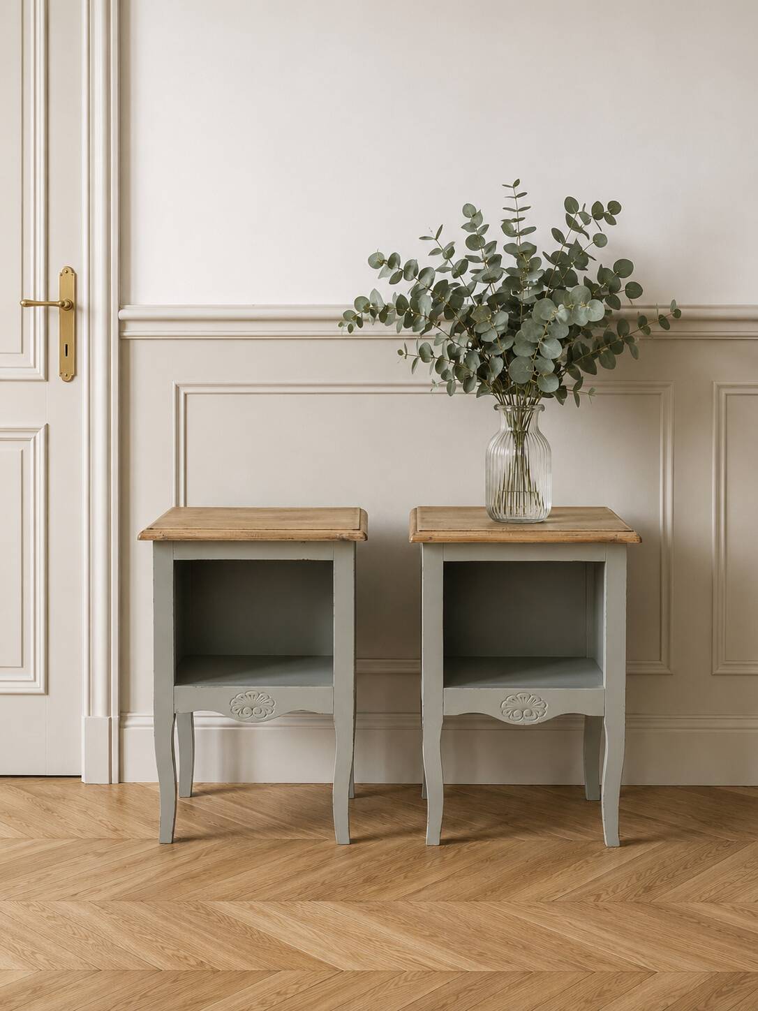 Pair of restored antique bedside tables painted in verdigris.