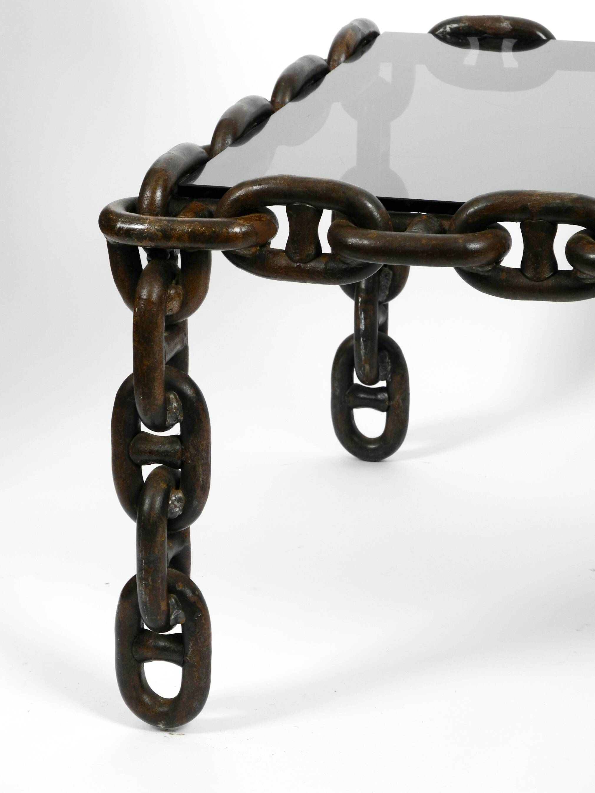 1970s XL Coffee Table Made of Nautical Iron Chain and a Thick Smoked Glass