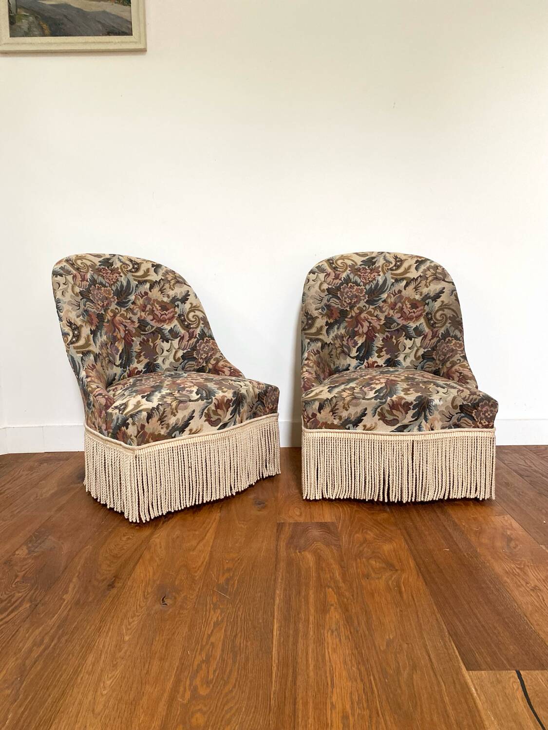 Pair of antique tapestry toad armchairs