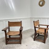 Pair of leather and walnut armchairs from the 1950s