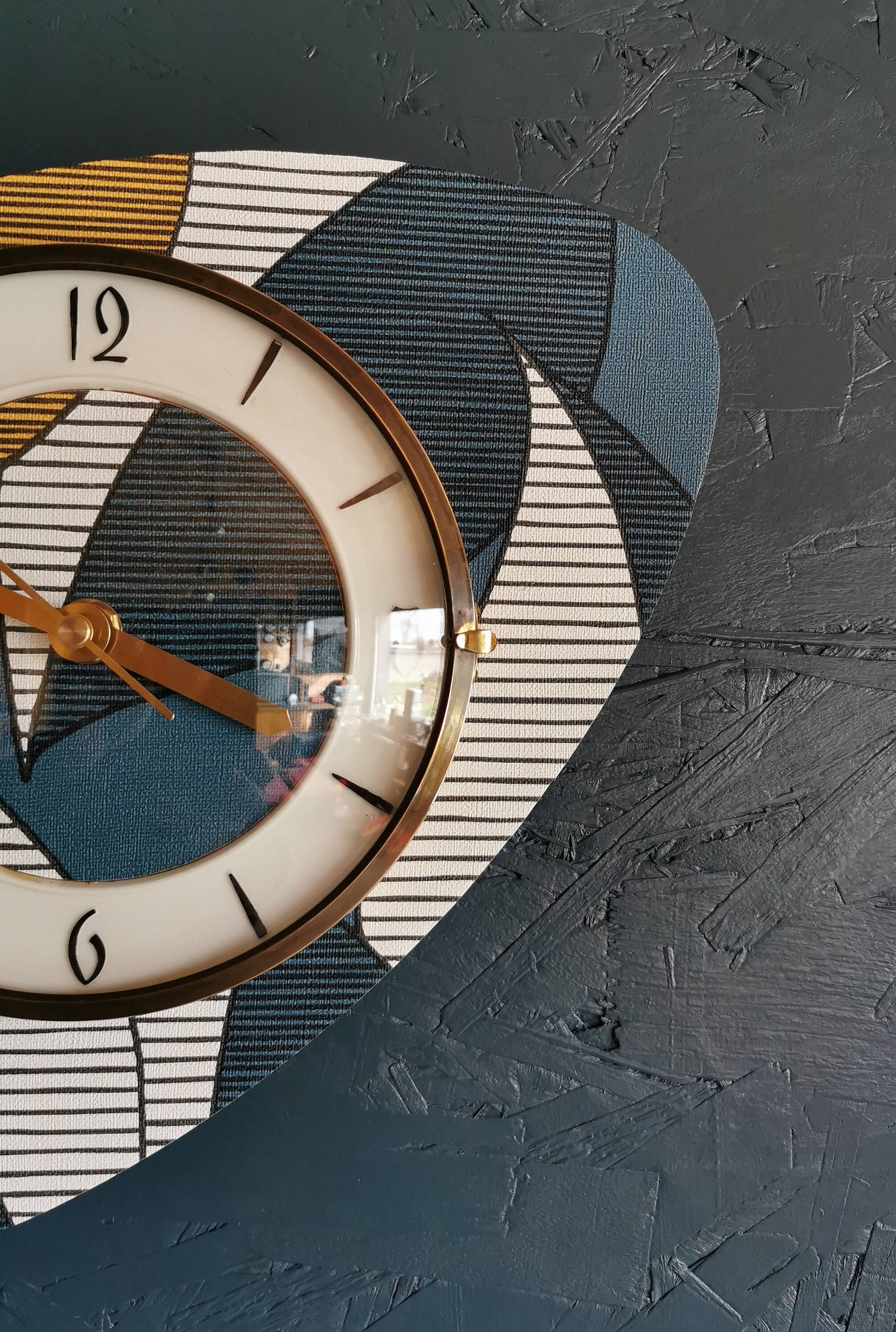 Vintage silent wall pendulum clock from the 60s asymmetrical "Striped blue white ocher"