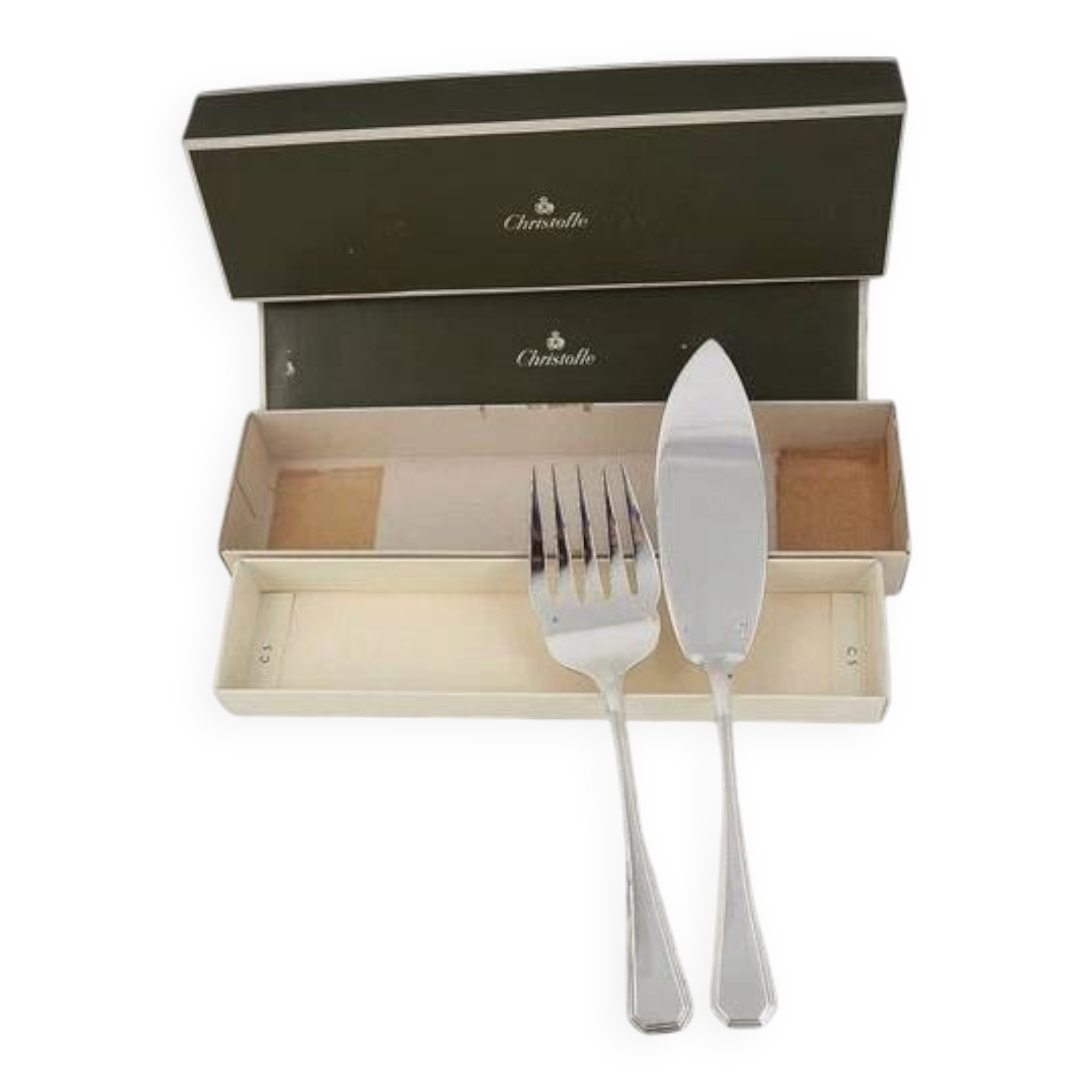 Christofle America, Art Deco fish service cutlery set, silver-plated, 2 pieces.