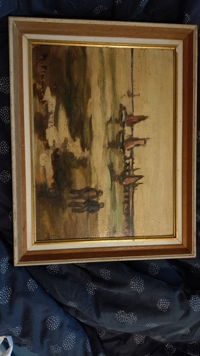 Vintage oil painting “Low tide and sailboats” – M. Florent –