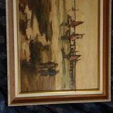 Vintage oil painting “Low tide and sailboats” – M. Florent –
