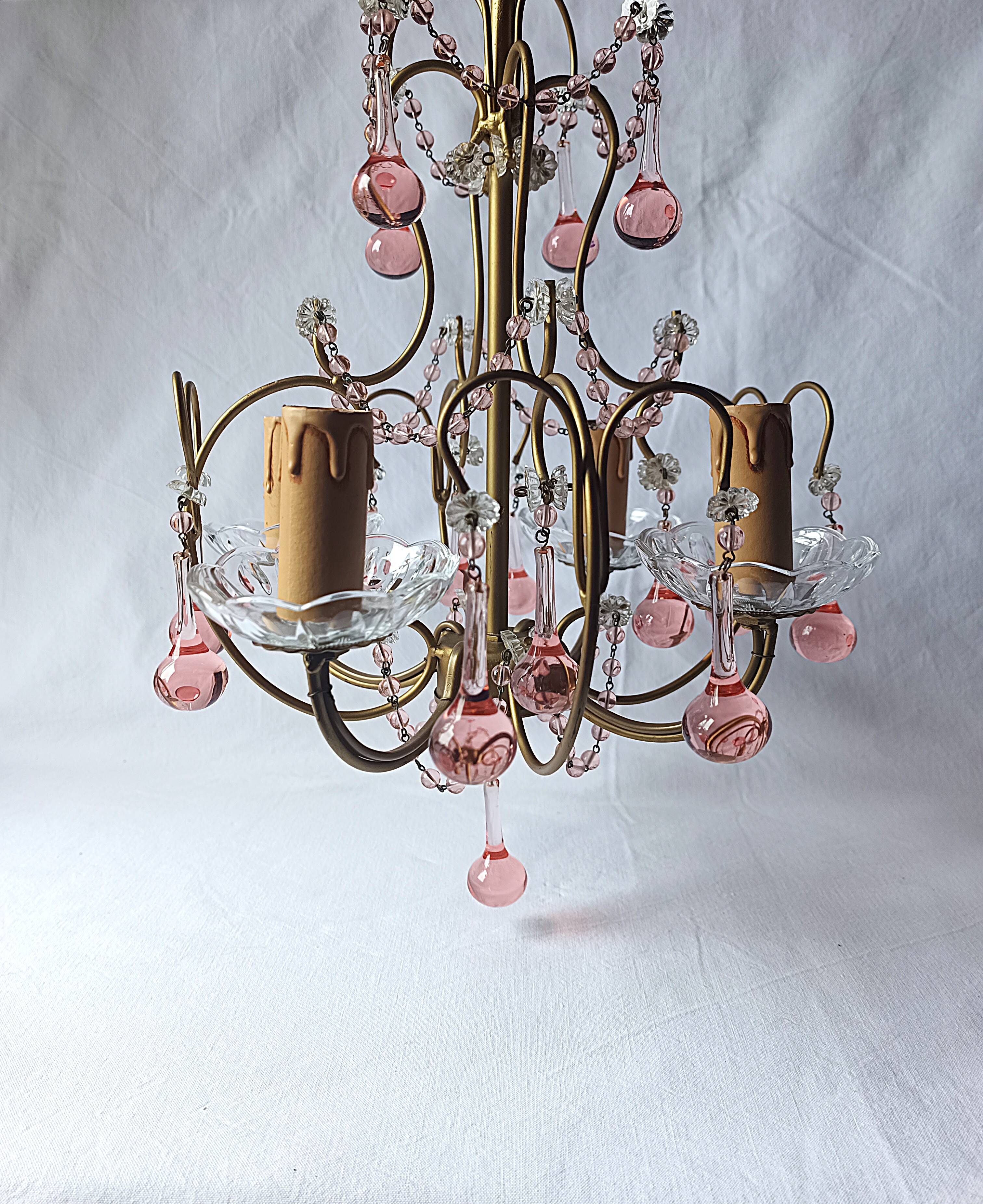 Vintage Murano drop pendant chandelier with pearl flower, 4 lights.
