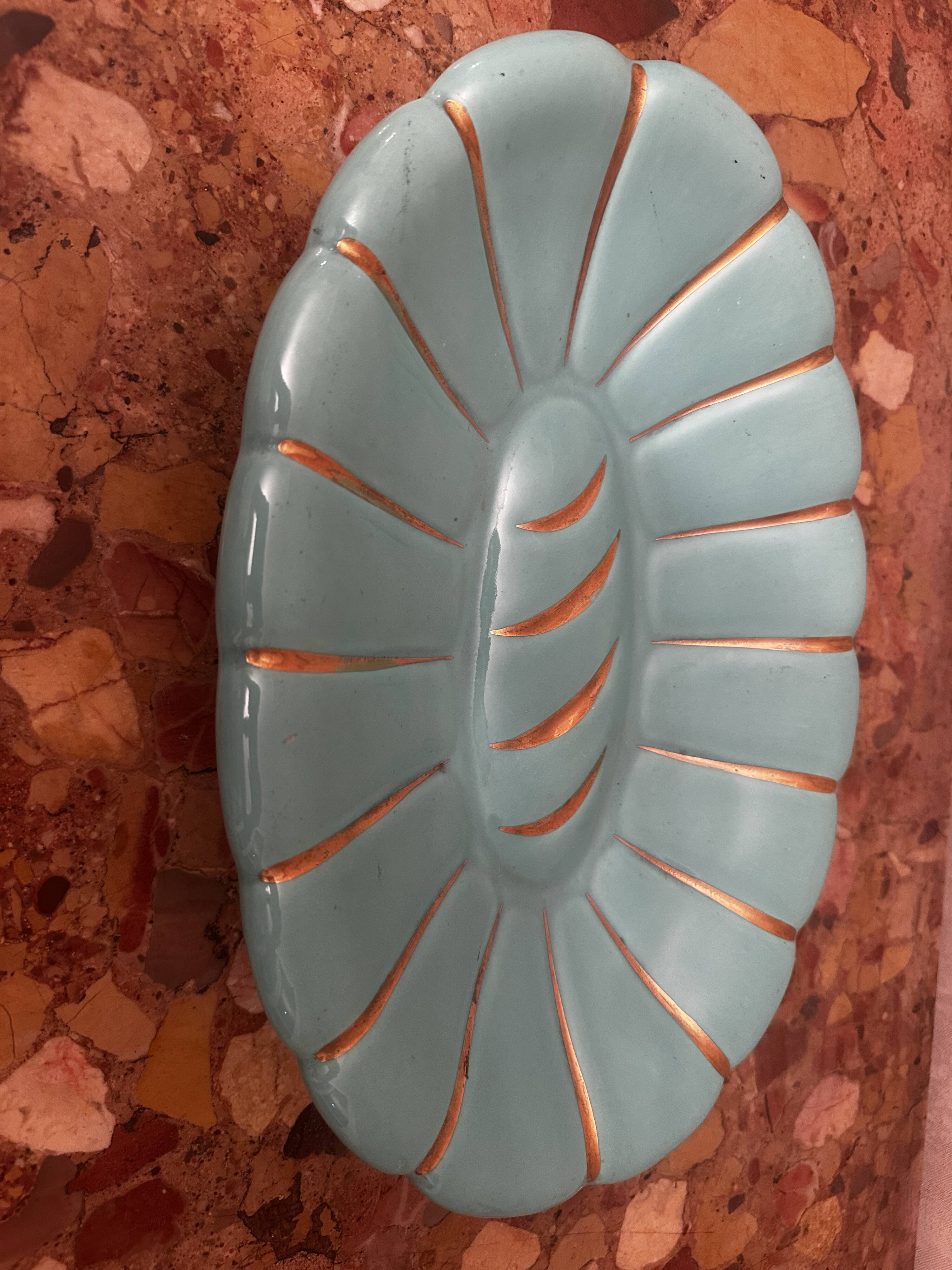 Art Deco ceramic pocket vase in celadon green and gold, style Arthur Percy L34/P22.
