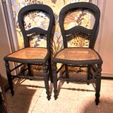 Paire de 2 chaises assise cannage en bois coloris noir 1940