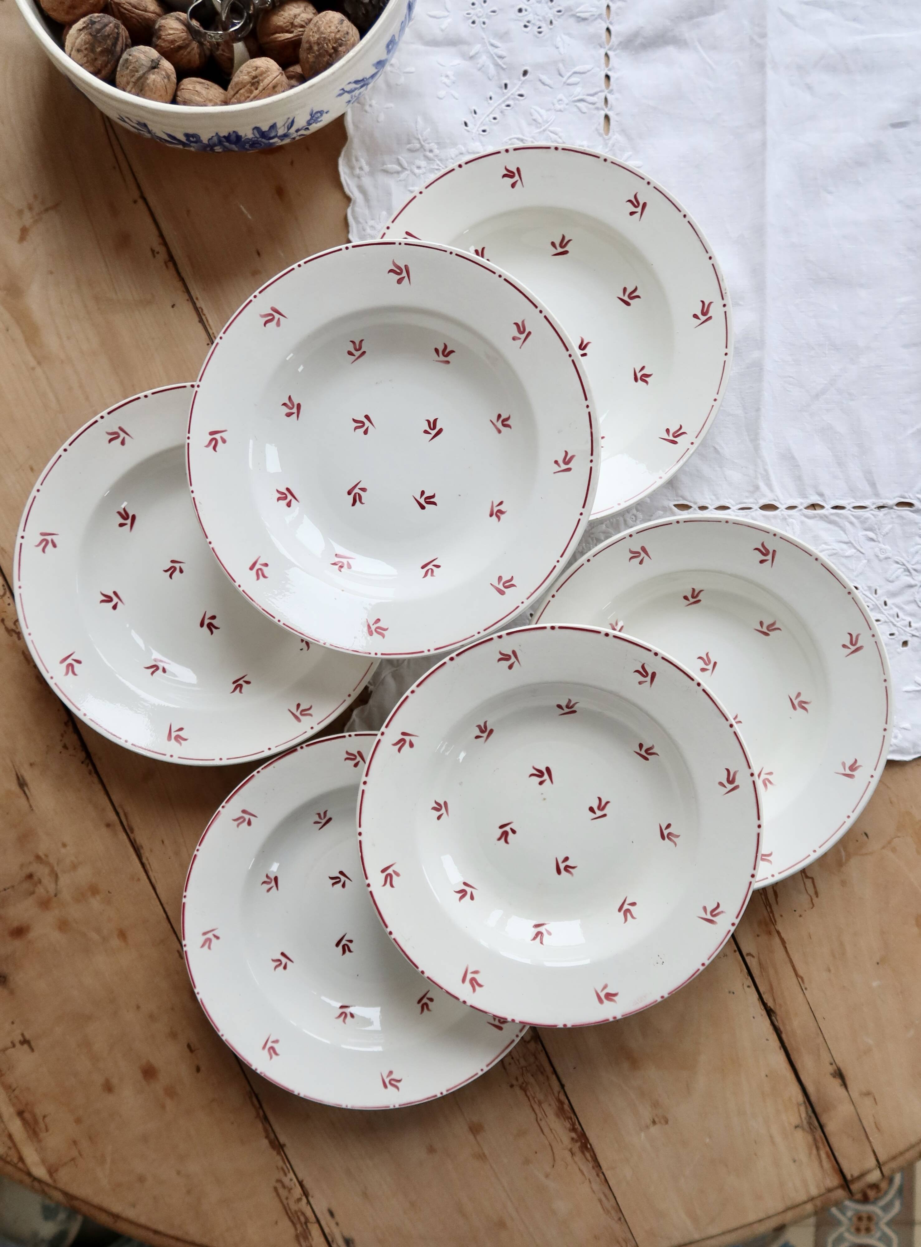 6 vintage white earthenware deep plates with red patterns