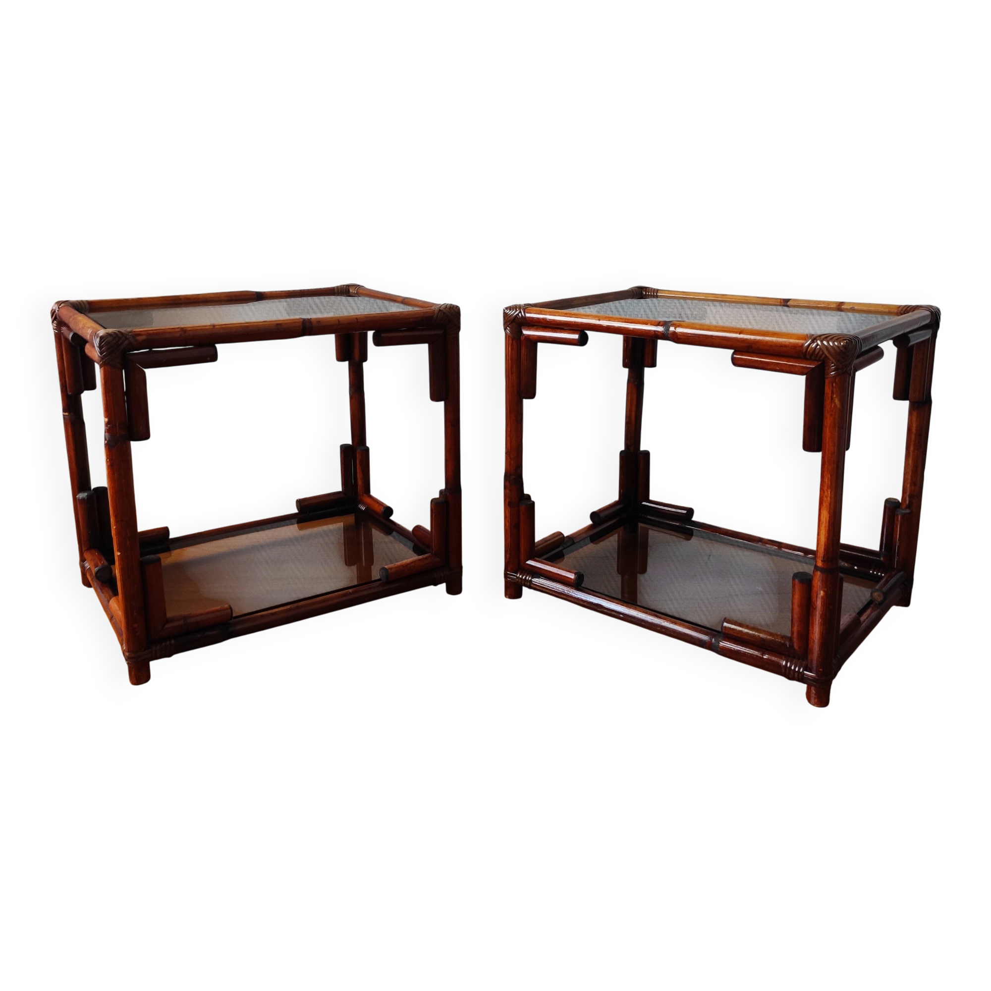 Pair of bedside tables - rattan smoked glass side tables vintage 70s-80s