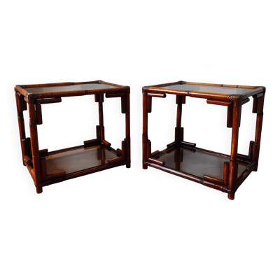 Paire de tables de chevet- bouts de canapé rotin  verre fumé vintage 70-80
