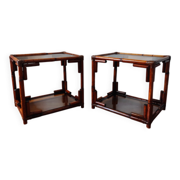 Pair of bedside tables - rattan smoked glass side tables vintage 70s-80s