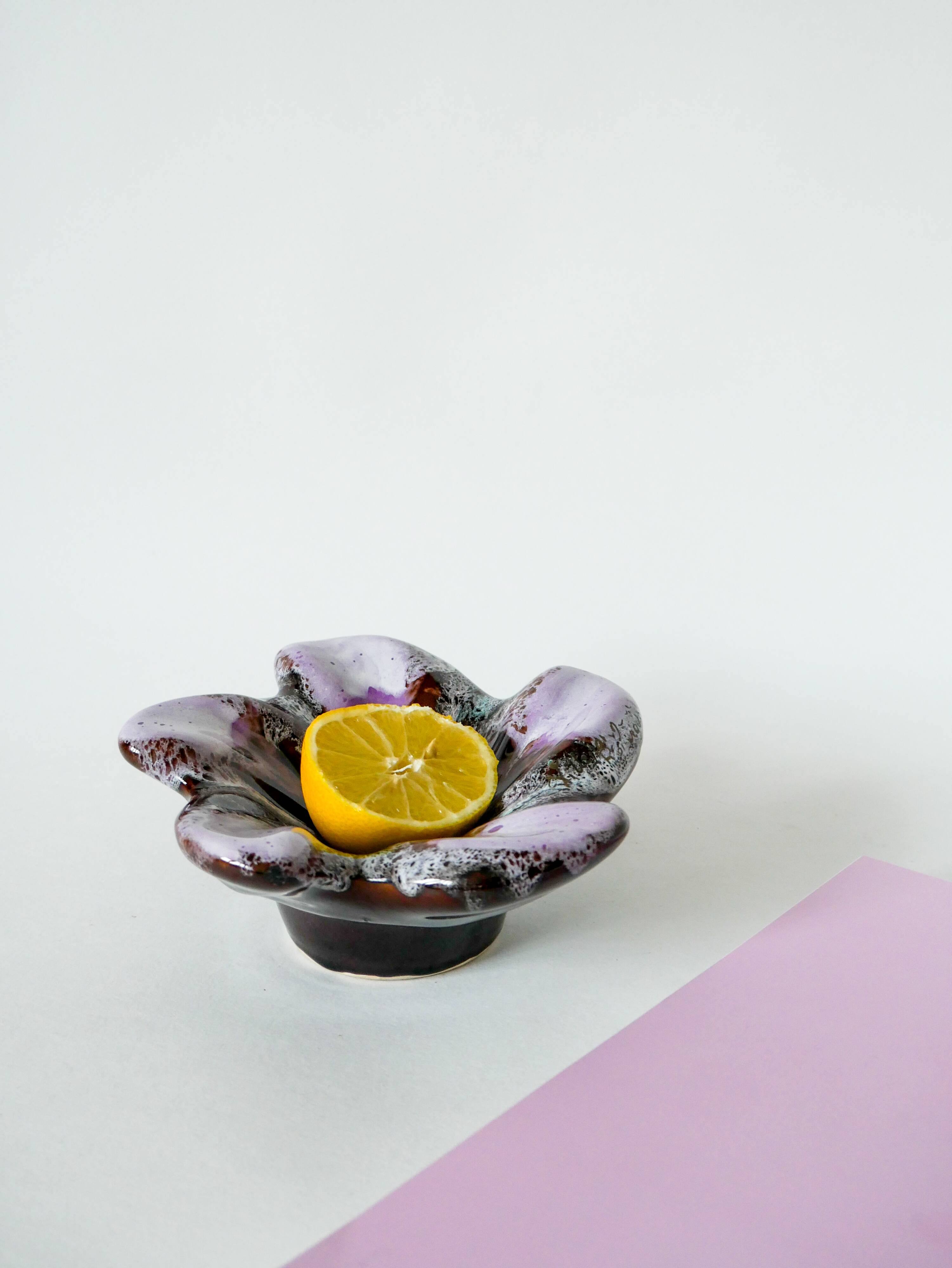 Purple lilac and brown star ceramic pocket tray / cup 1970