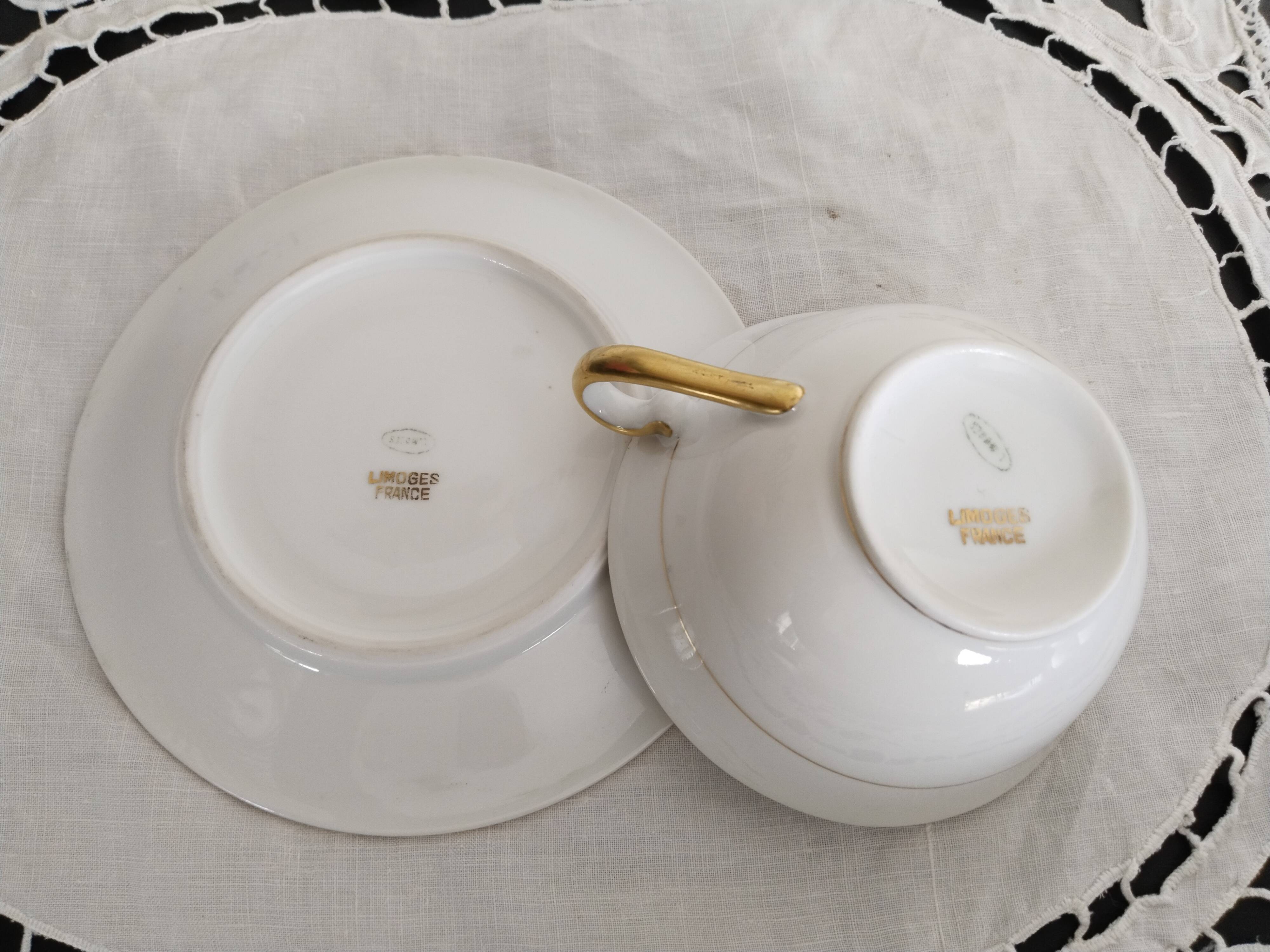 Limoges porcelain tea or chocolate cup, green and gold