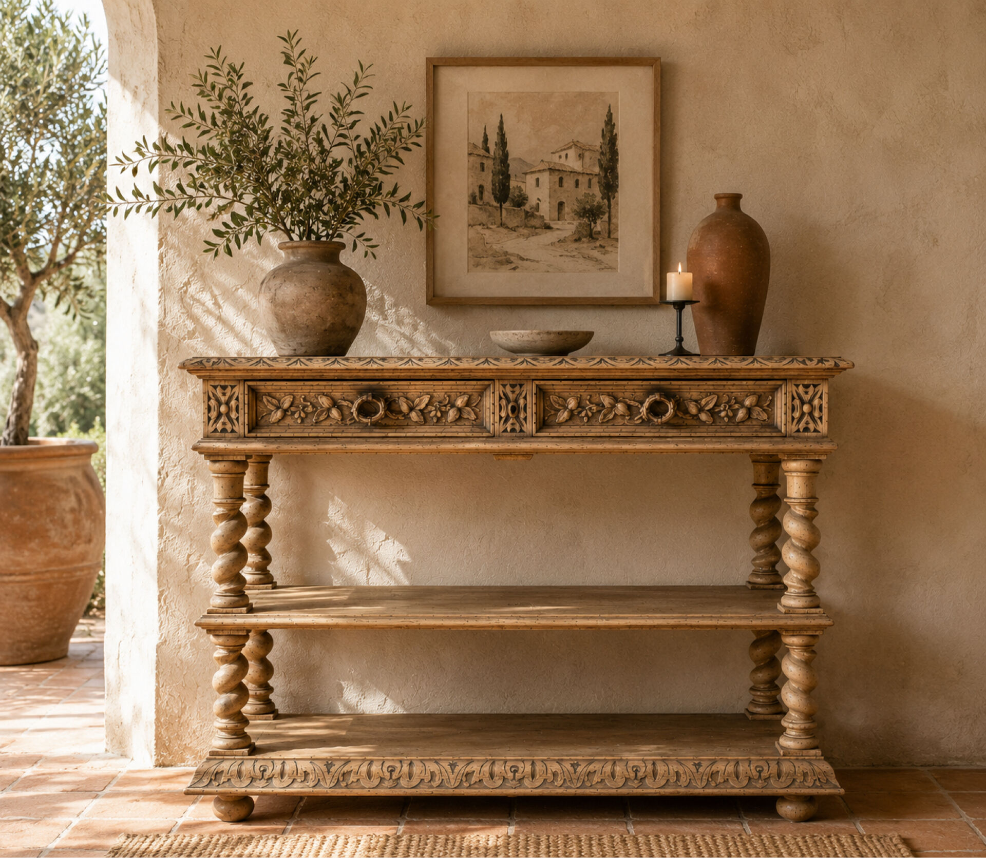 Console chêne brut massif décor végétal sculpté fin XIXe