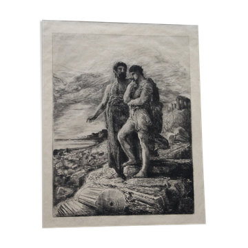François nicolas chifflart (1825 - 1901) le passé engraving on old japanese paper.