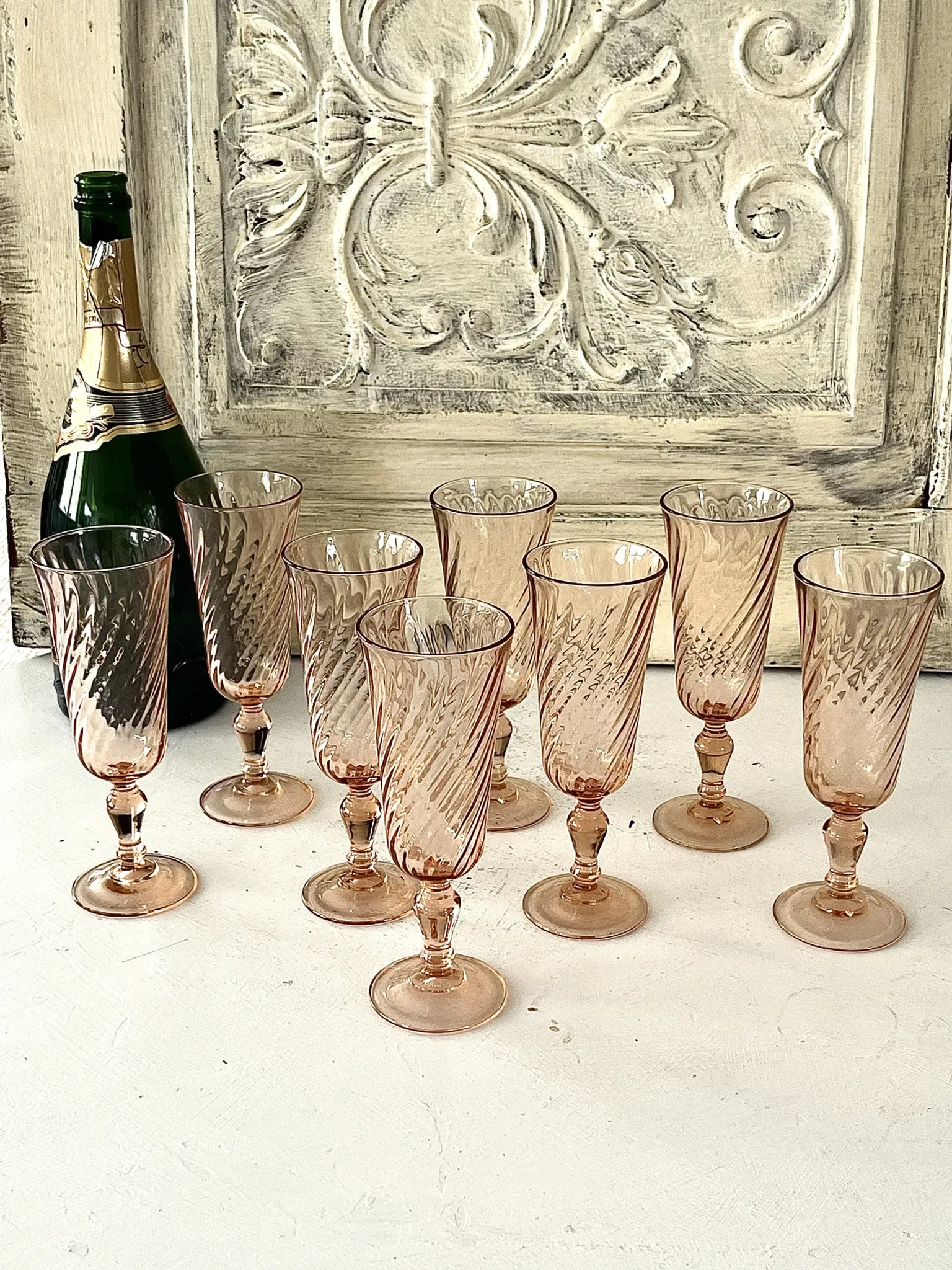Champagne flutes pink set of 8, French swirl glass stemware rosaline