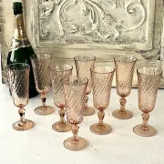 Champagne flutes pink set of 8, French swirl glass stemware rosaline