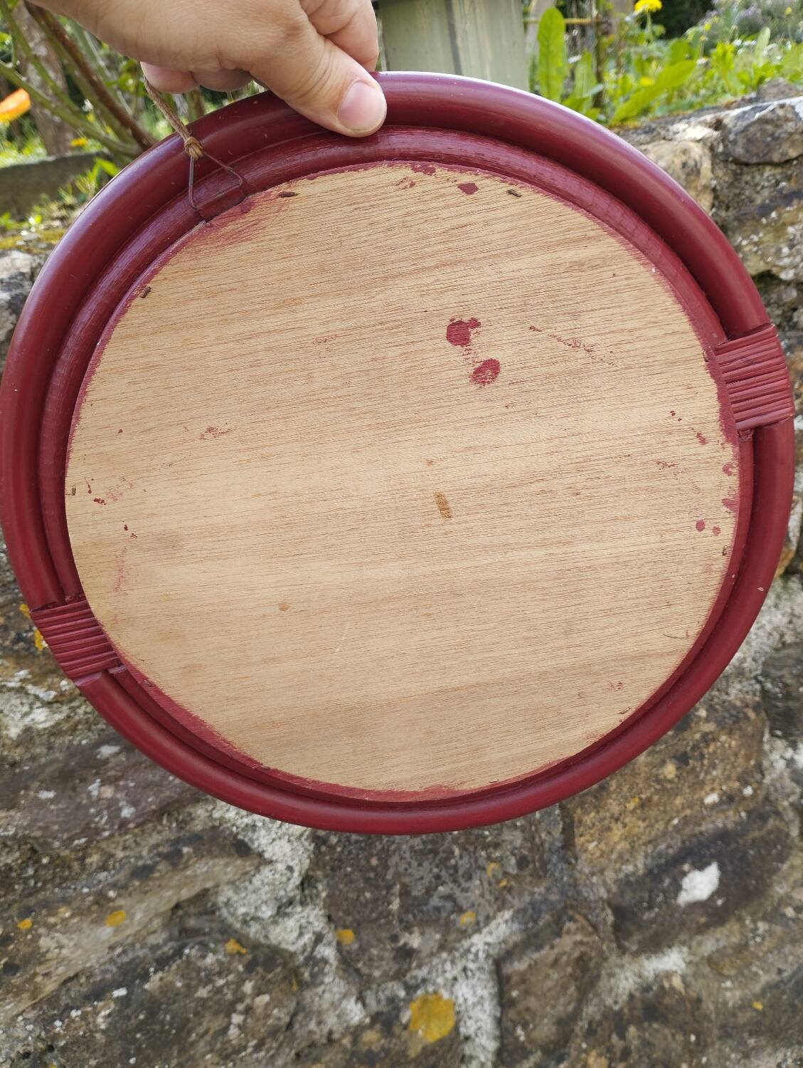 Burgundy rattan mirror