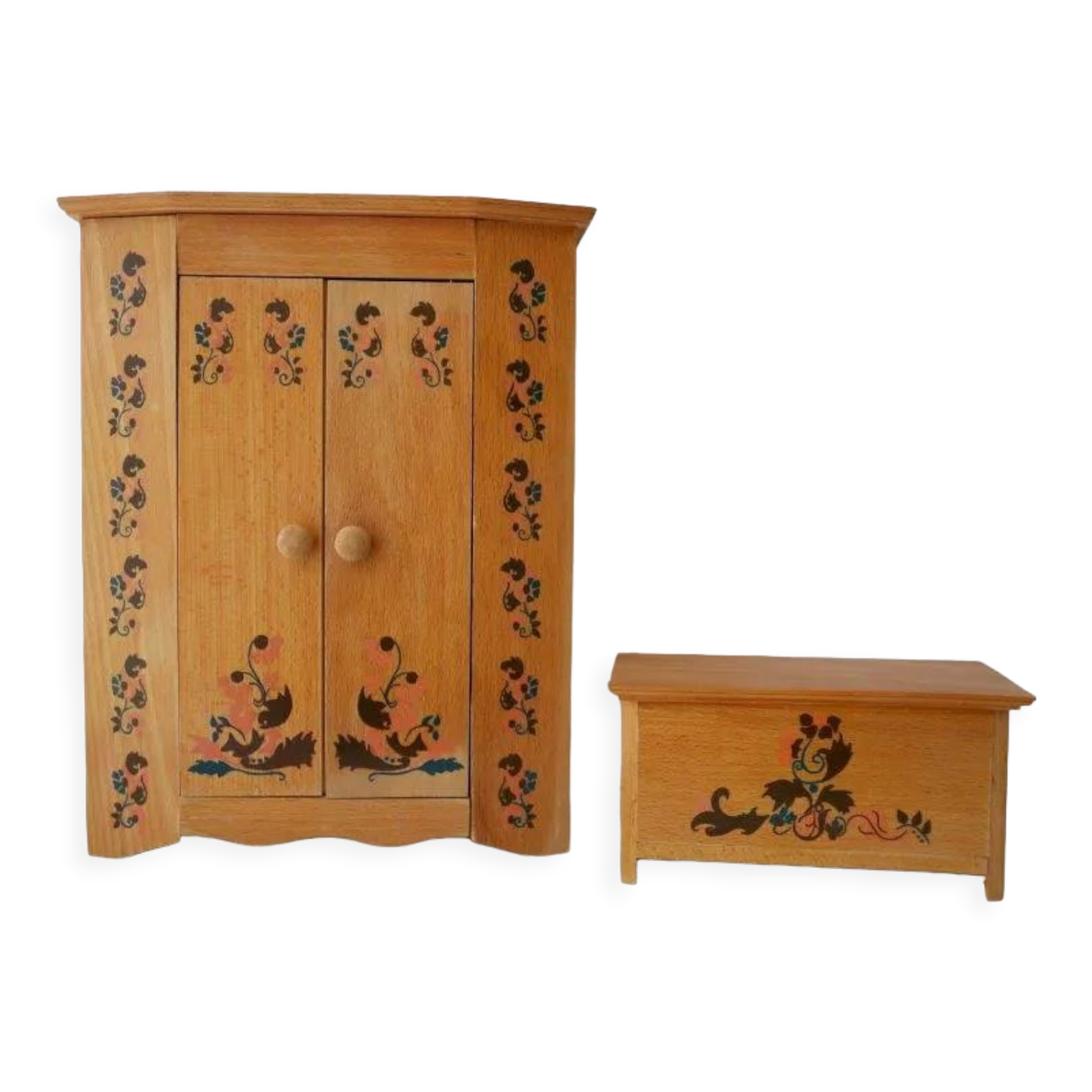Wooden doll furniture, wardrobe and chest