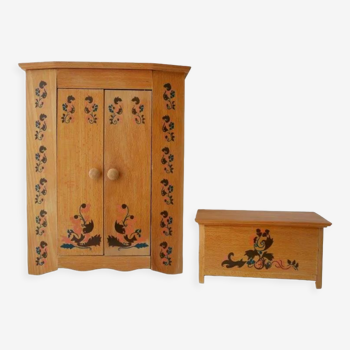 Wooden doll furniture, wardrobe and chest