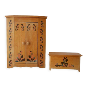 Wooden doll furniture, wardrobe and chest