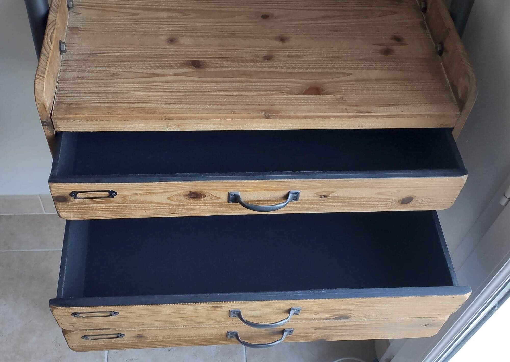 Large shelf drawers wood fir / metal 67 x 200 cm