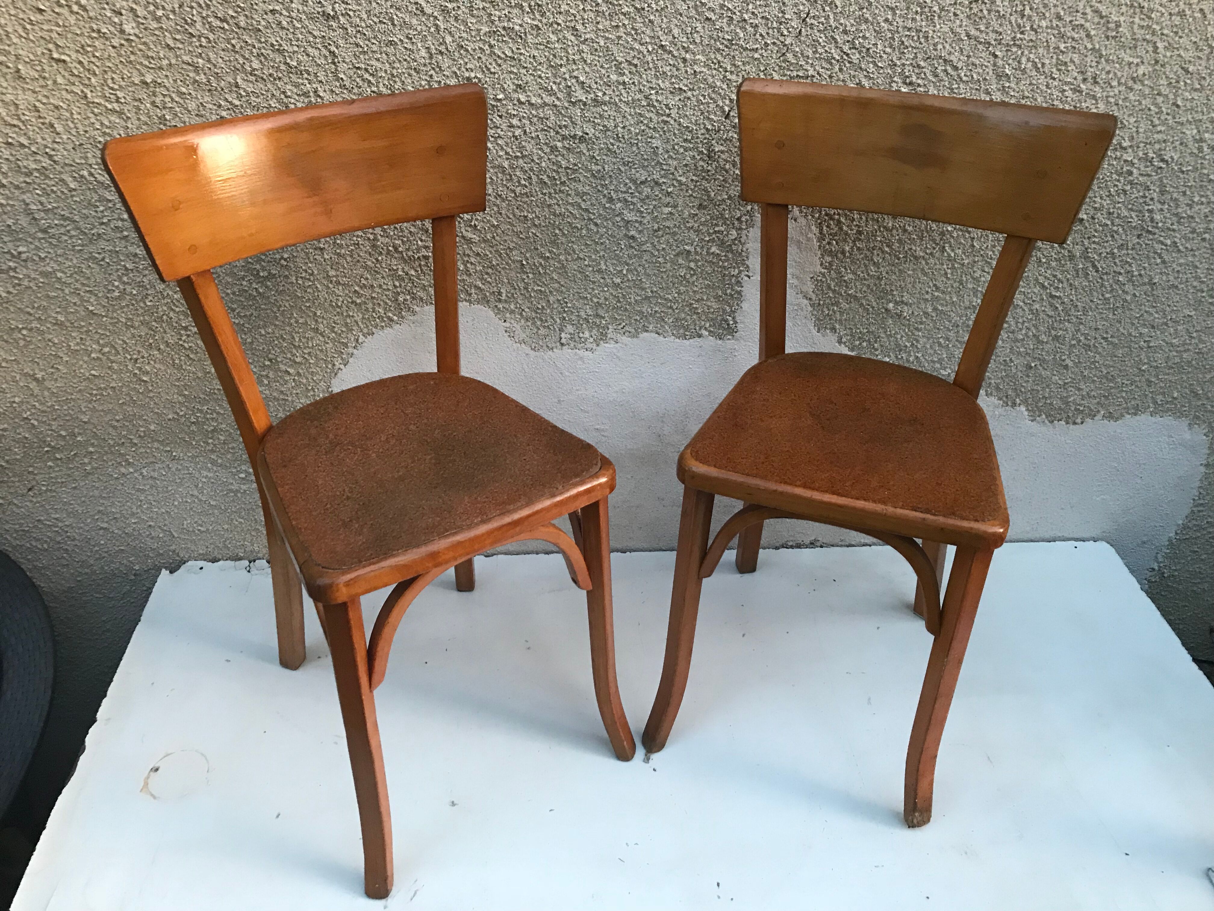 Pair of chairs old signed bistro Baumann wood curved clear vintage