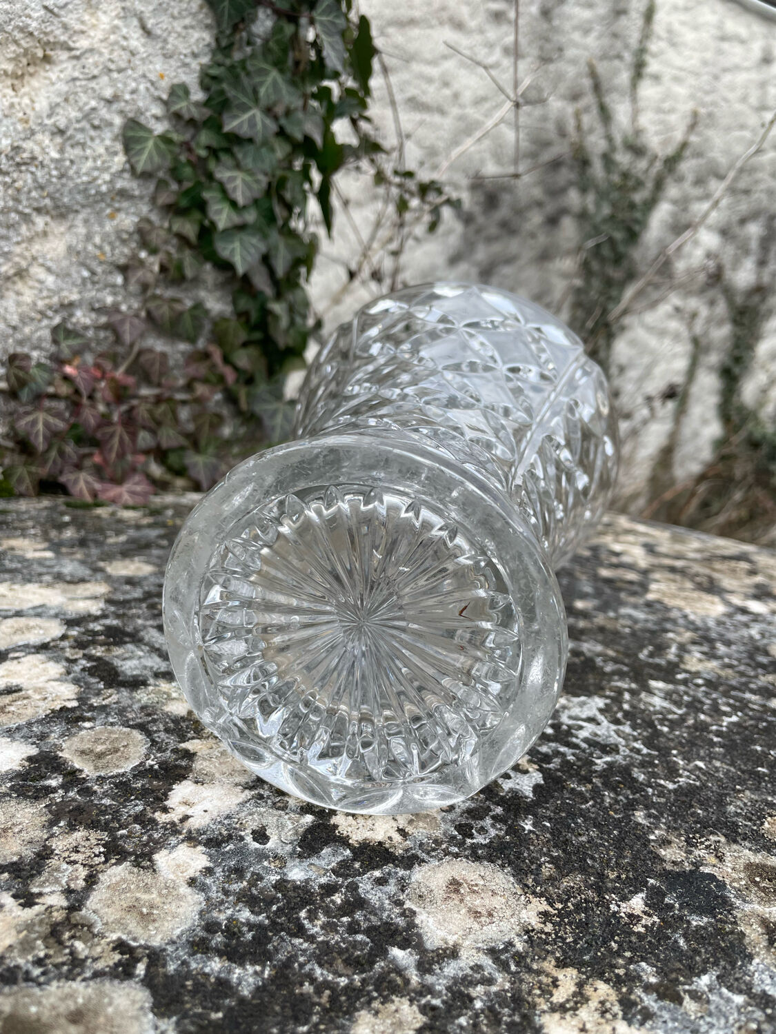 Vintage chiseled glass vase transparent glass