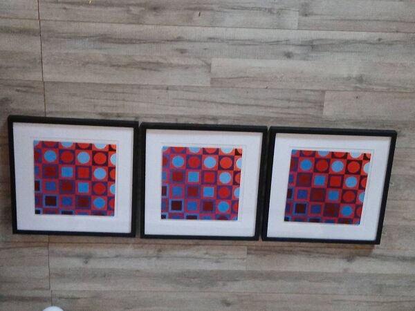 Trio Tableaux Vintage Art Optique - Victor Vasarely - Cadres 40x40cm