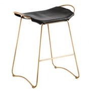 Contemporary kitchen stool in aged brass and dark brown leather.