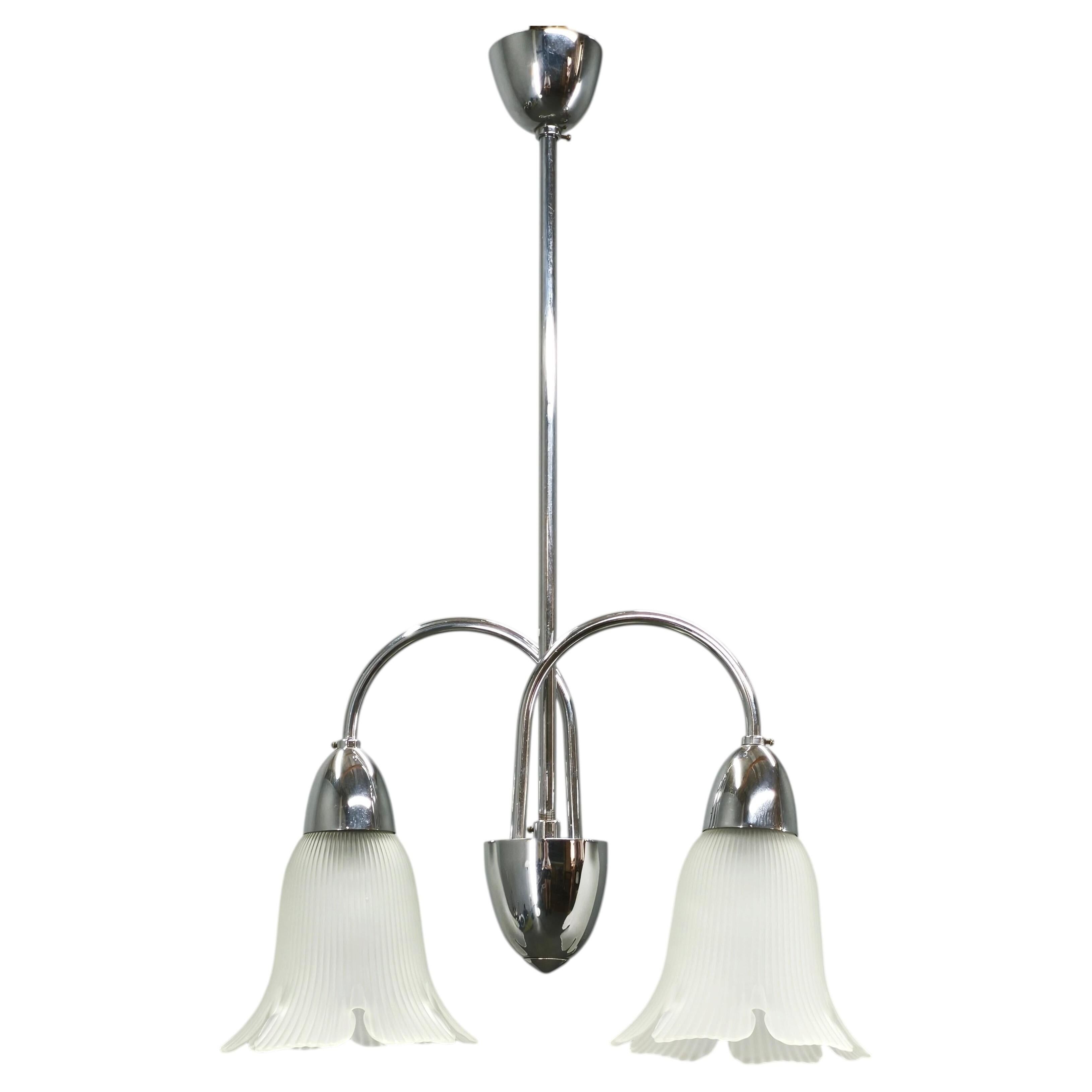 1950s Chrome and Floral Glass Chandelier by Elektroinstala Děčín