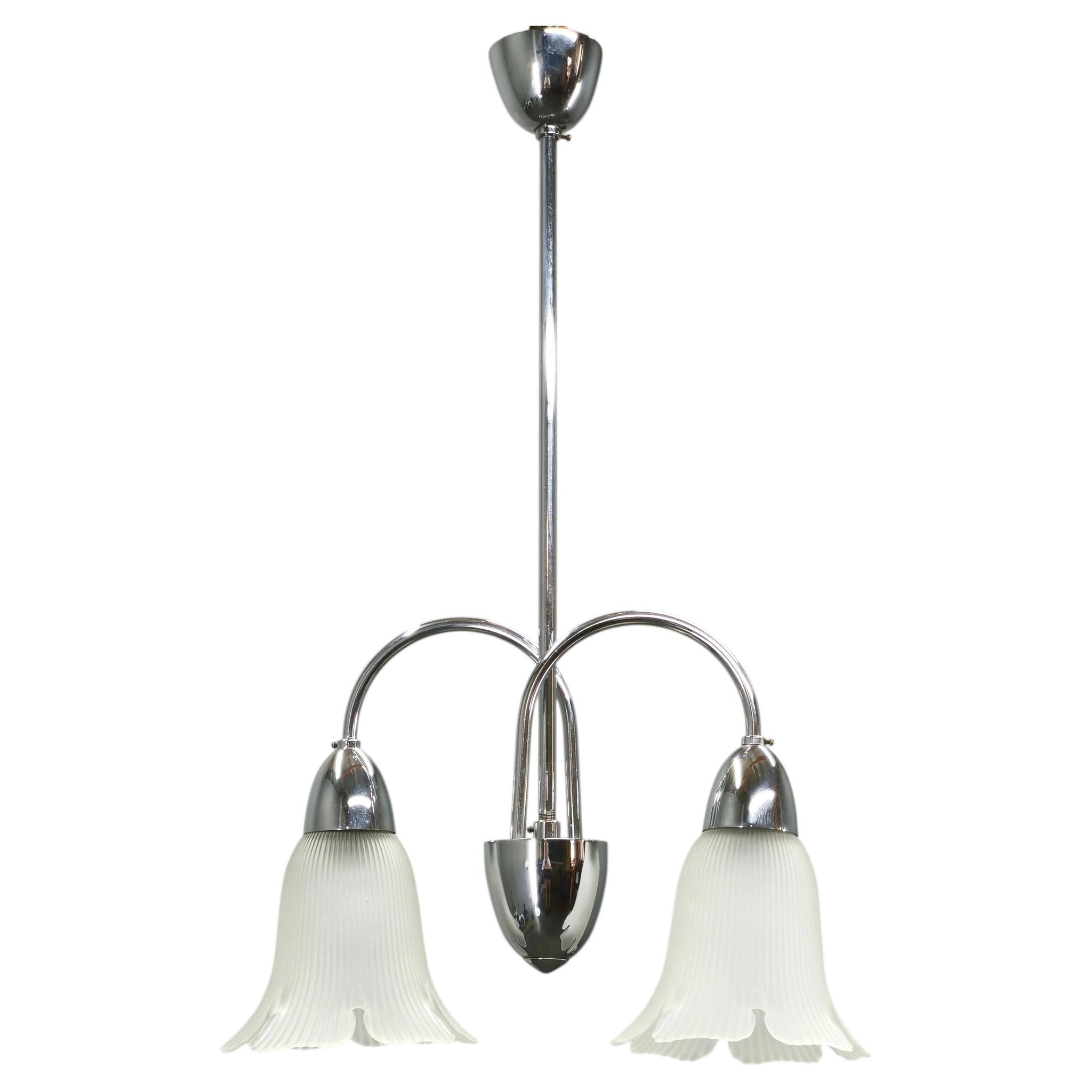 1950s Chrome and Floral Glass Chandelier by Elektroinstala Děčín