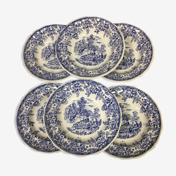 6 blue Luneville KG soup plates
