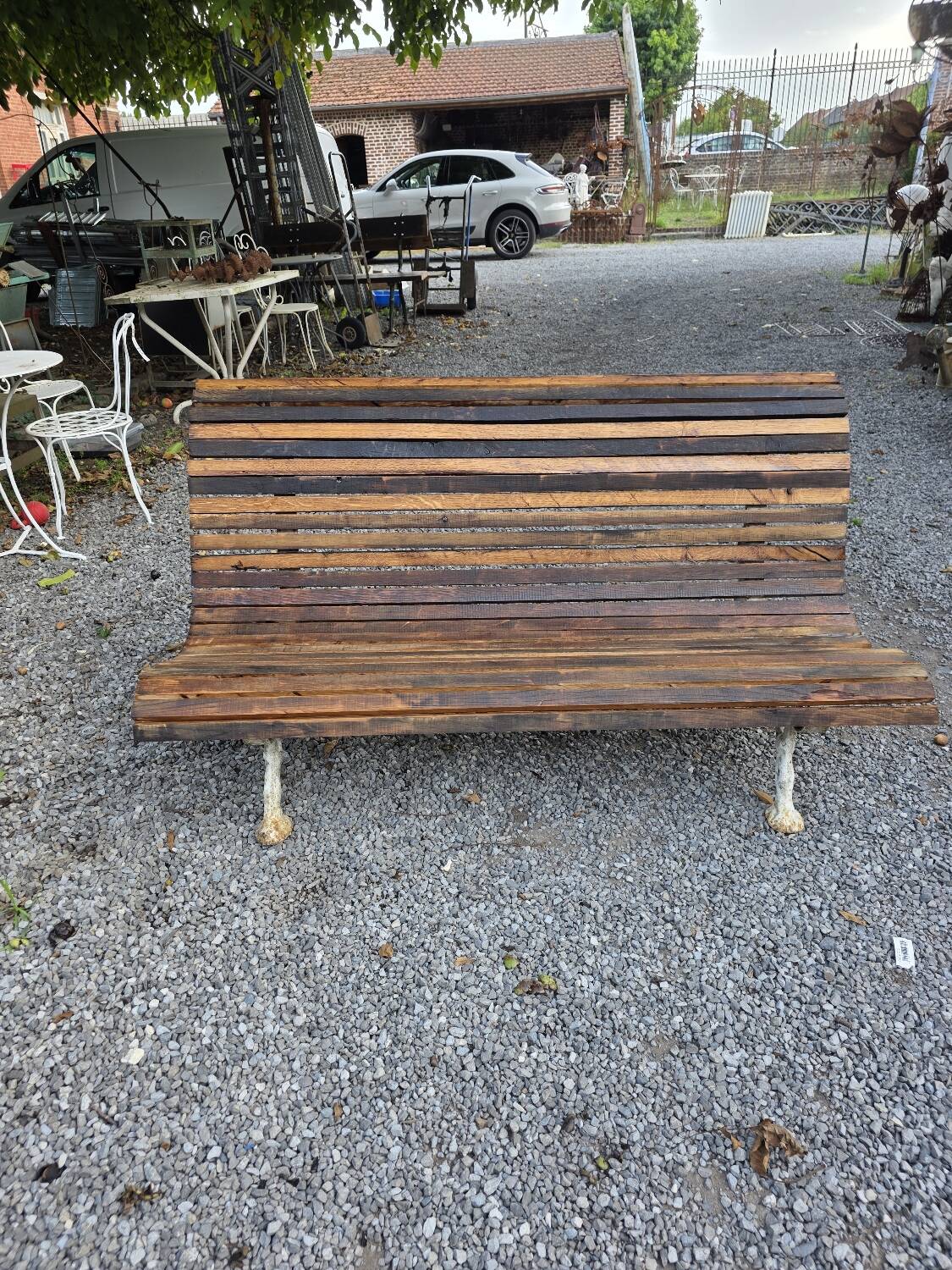 Cast iron and oak slatted garden bench