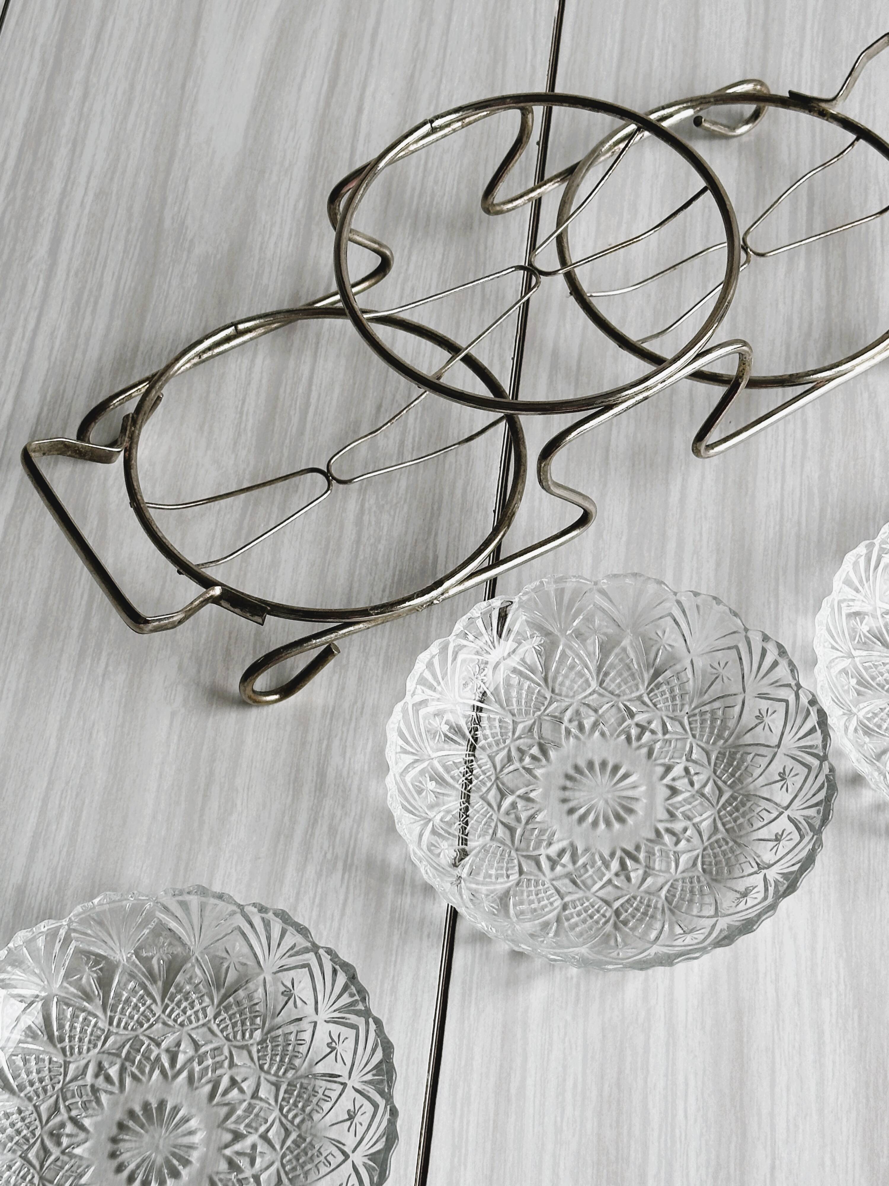 Metal and crystal server, crystal ramekins.