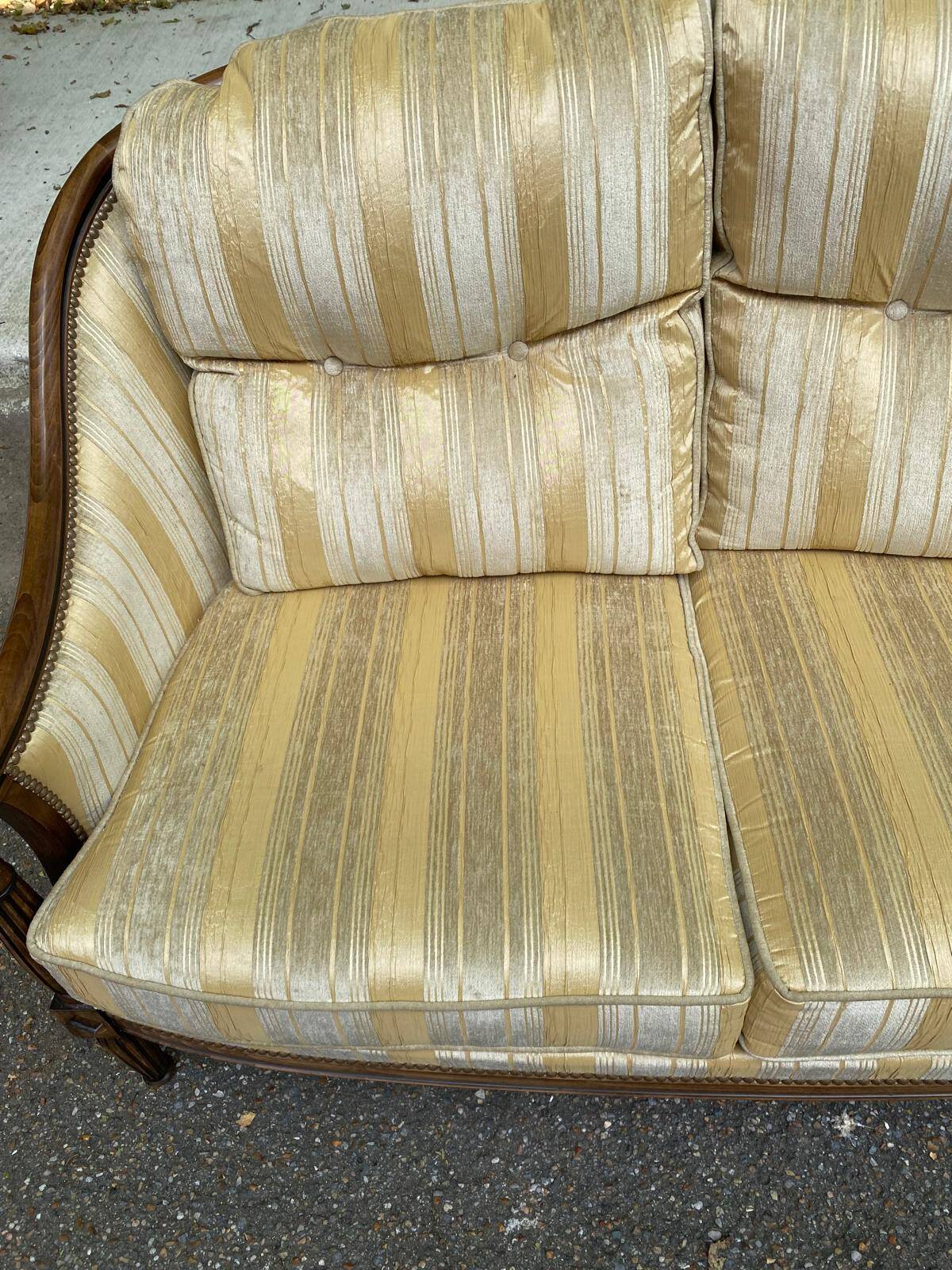 Louis XVI 2-seater sofa in golden beige fabric and curved solid wood