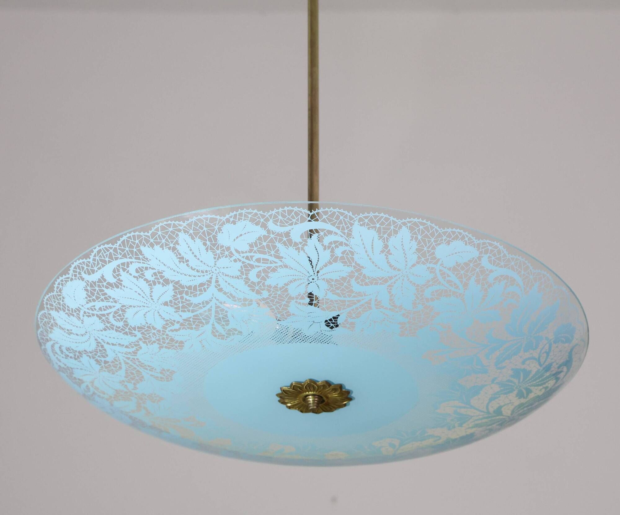 Italian Vintage Floral Glass and Brass Pendant Chandelier, Mid-Century, 2 L
