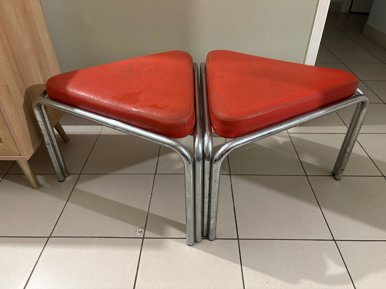 Vintage Bauhaus orange triangular stools