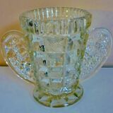 Thick, molded glass ear vase, art deco period and style, stylized leaves and grapes