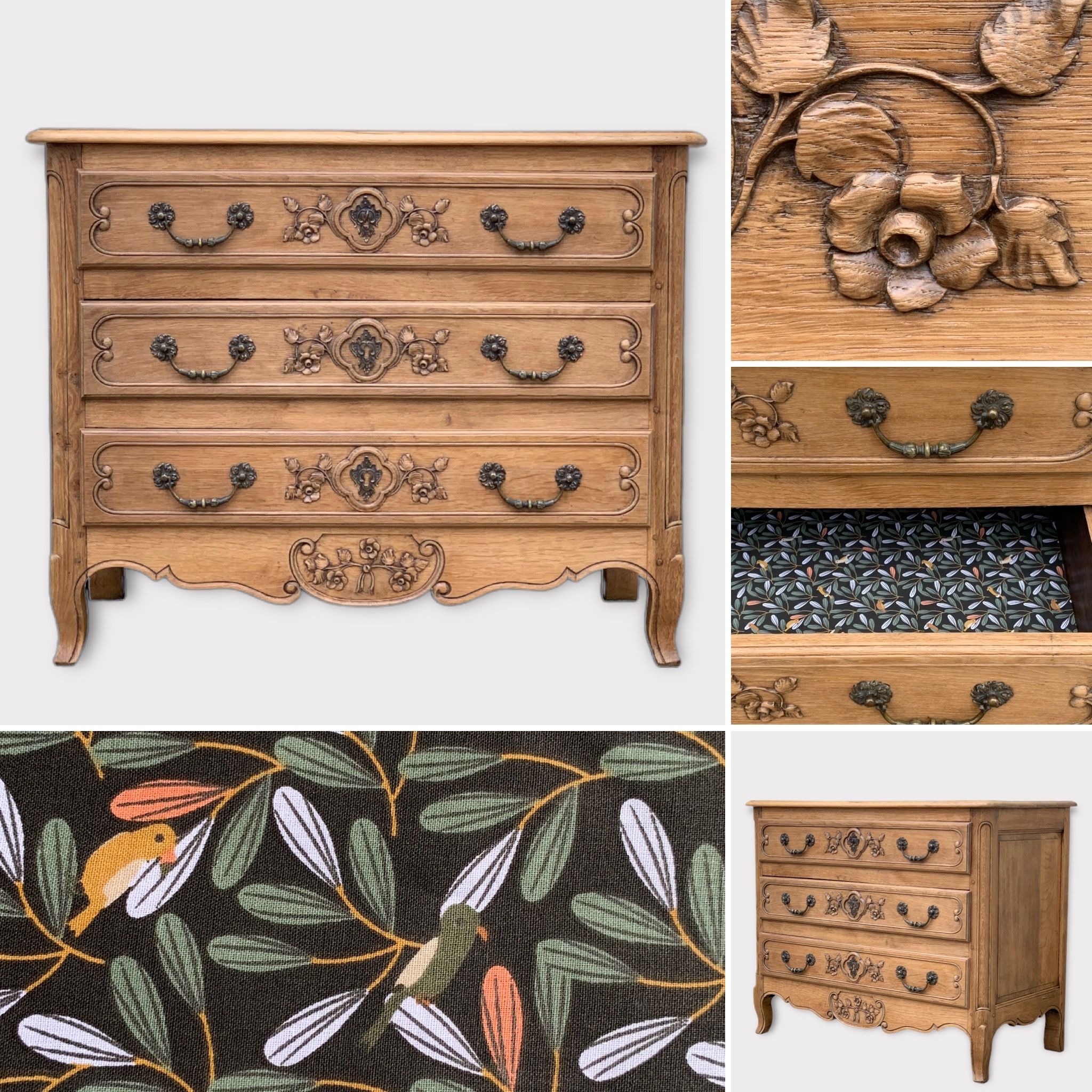 Louis XV style chest of drawers, solid raw oak, 1920.