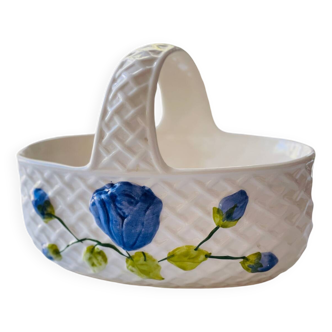 Barbotine ceramic planter/basket with blue flowers