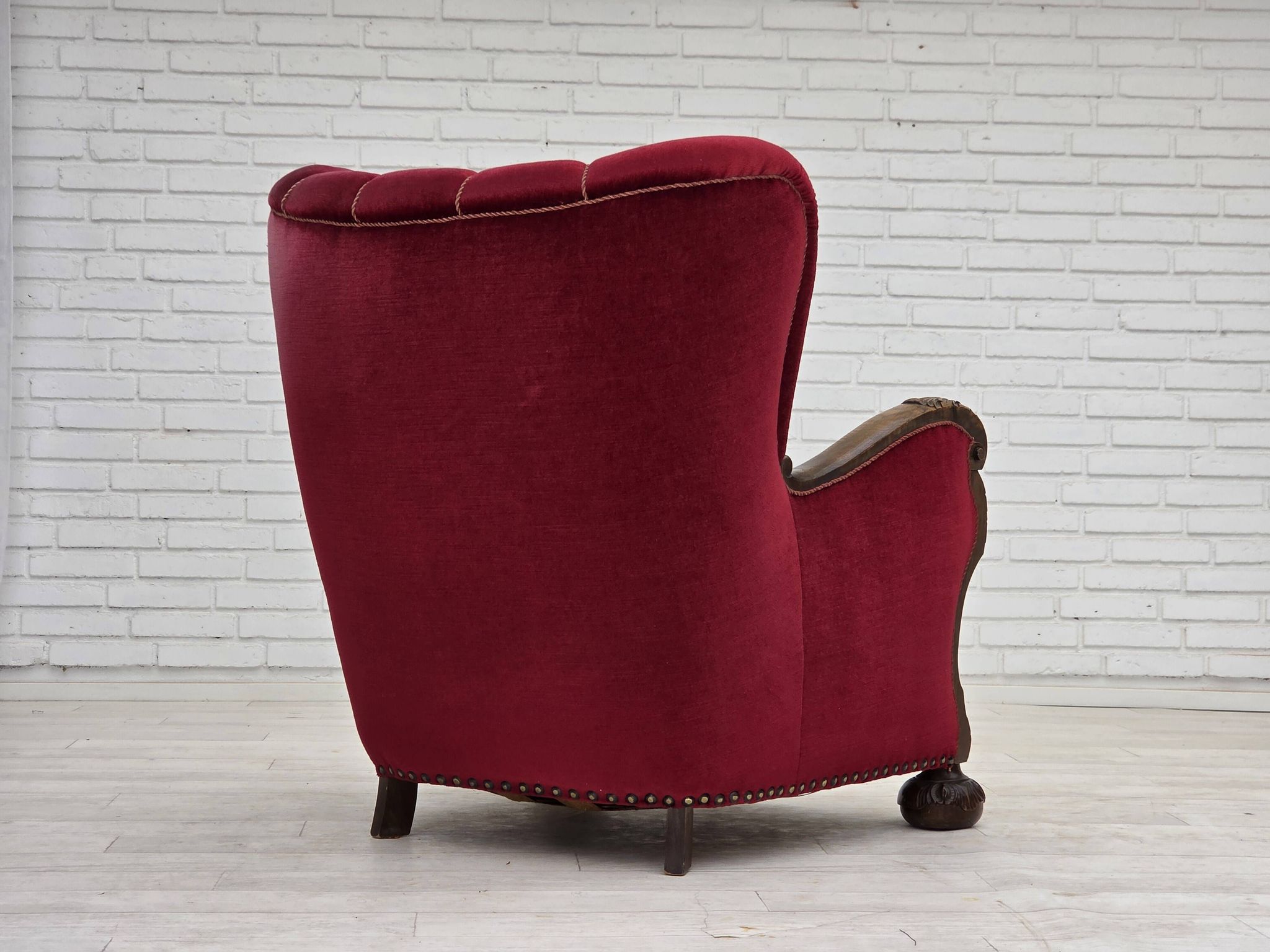 1960s, Danish relax chair, cherry-red furniture velour, oak wood.