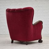 1960s, Danish relax chair, cherry-red furniture velour, oak wood.