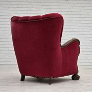 1960s, Danish relax chair, cherry-red furniture velour, oak wood.