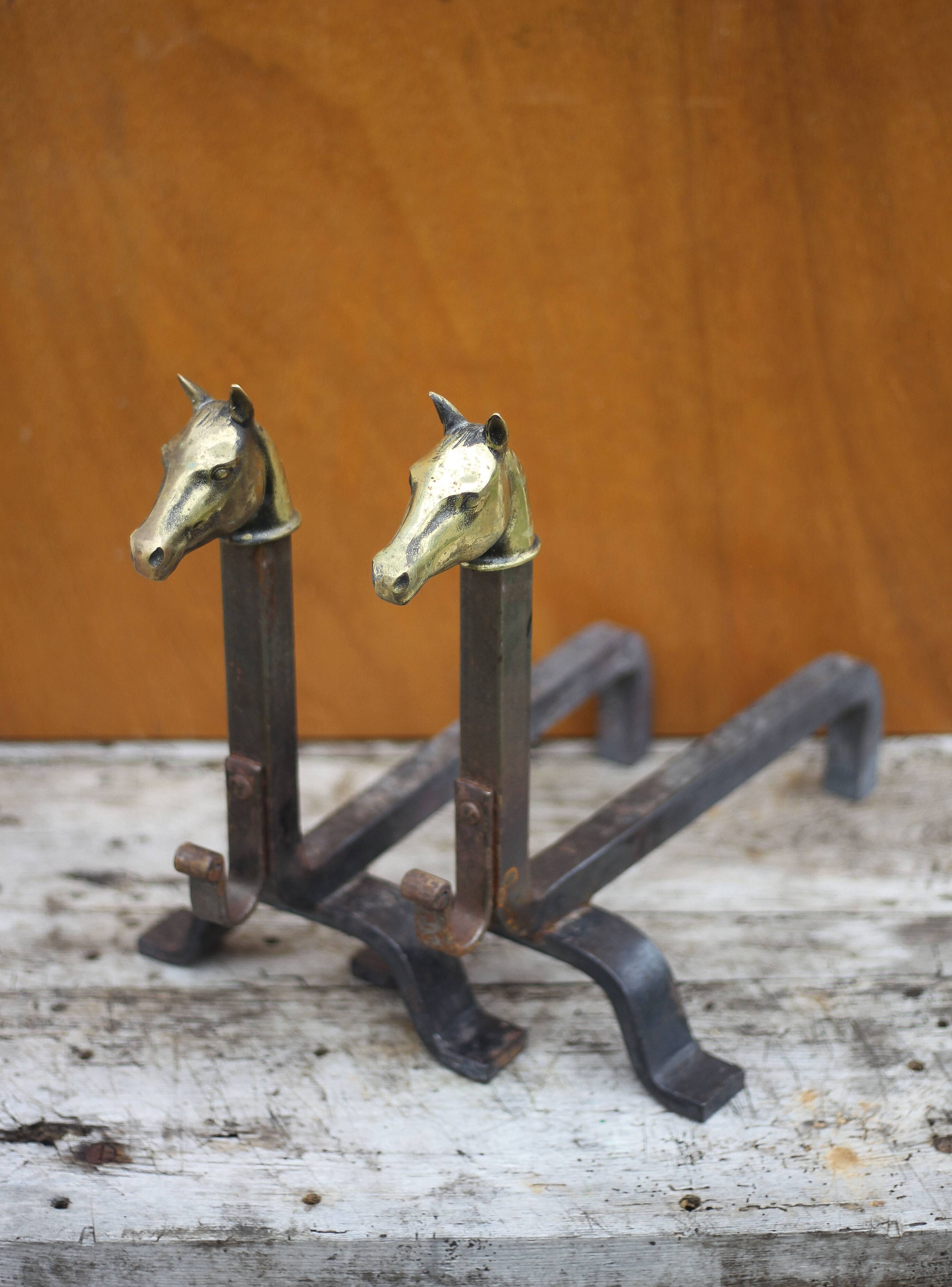 Vintage fireplace andirons, pair of cast iron animal andirons, brass horse head