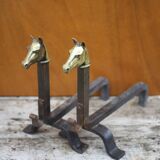 Vintage fireplace andirons, pair of cast iron animal andirons, brass horse head