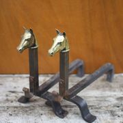 Vintage fireplace andirons, pair of cast iron animal andirons, brass horse head