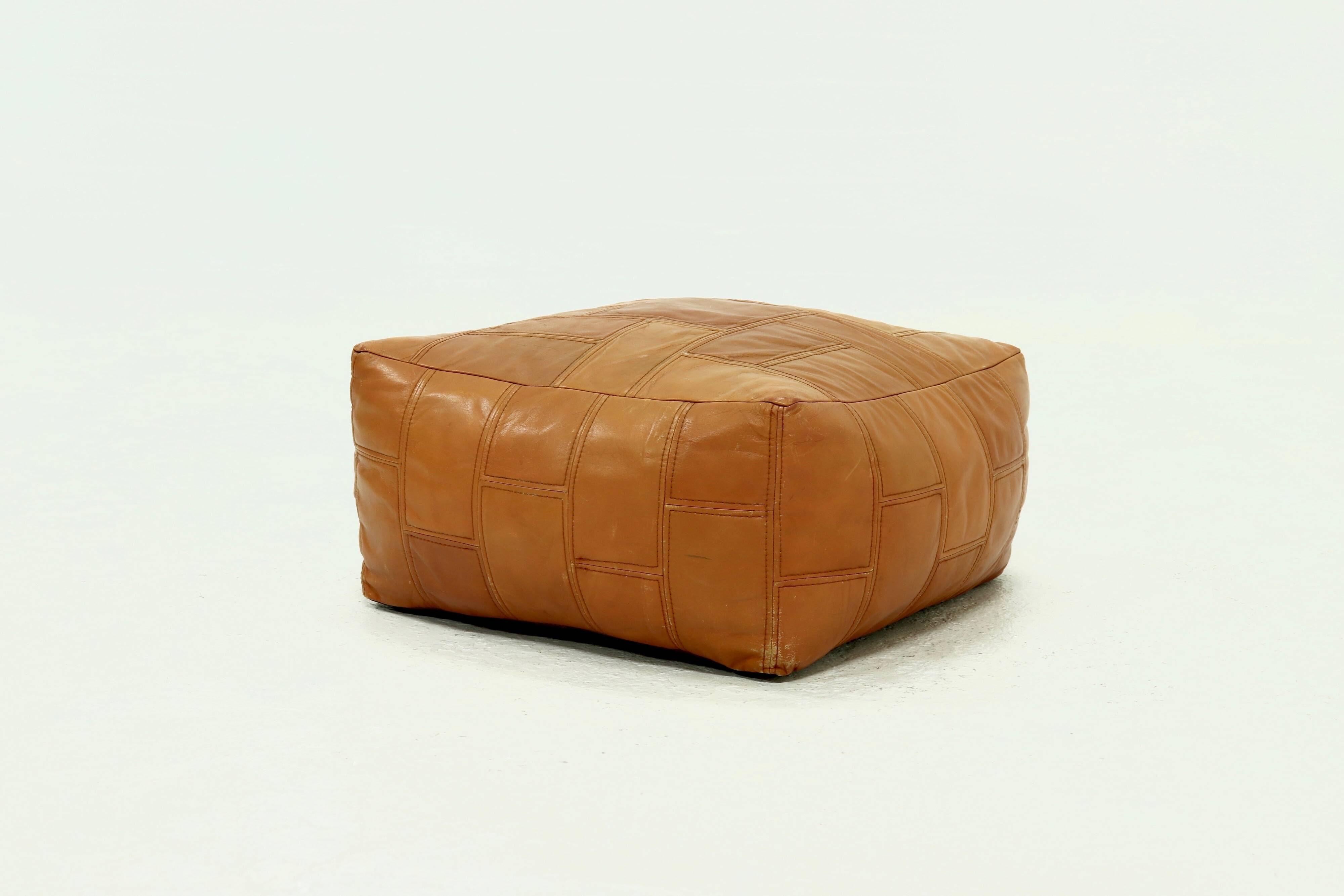 Mid-Century Patchwork Cognac Leather Pouf, 1970s