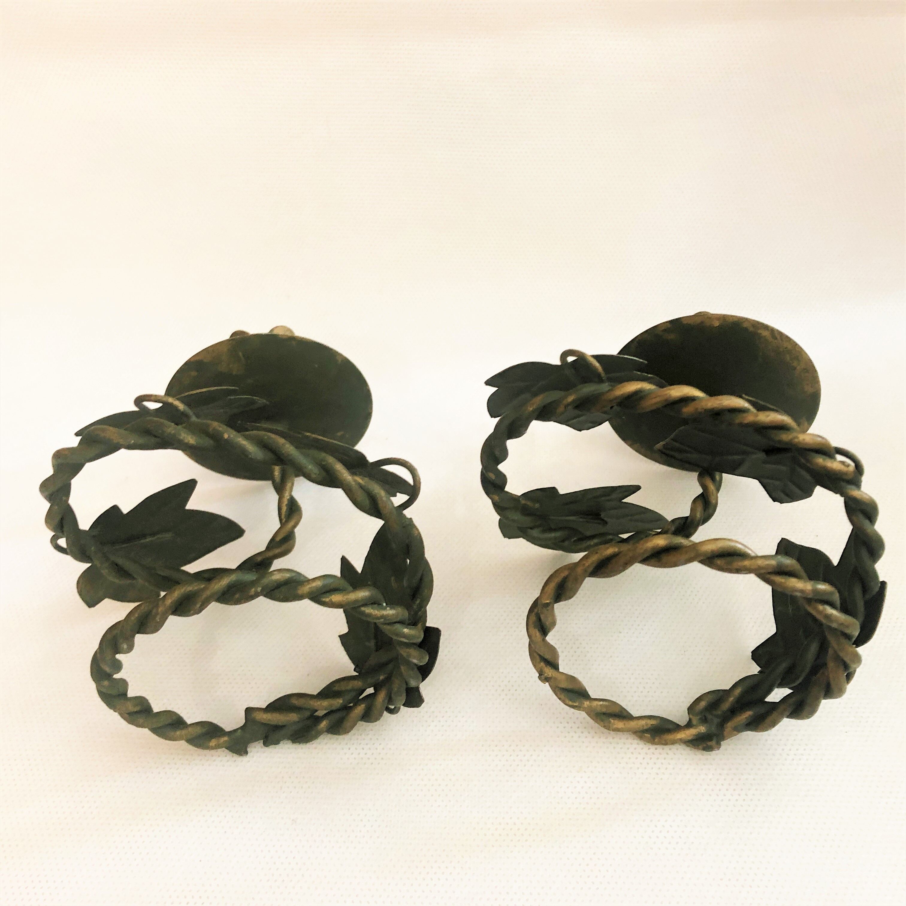 Pair of handcrafted wrought iron candlesticks vintage foliage