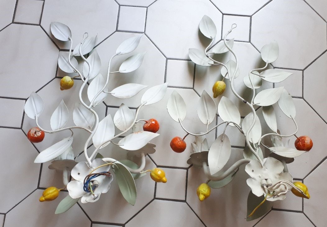 Pair of 70s tole foliage lemon clementine fruit wall lights
